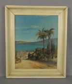 GEMÄLDE / painting: "Mediterrane Küstenlandschaft mit Palmen", Öl auf Leinwand / oil on canvas, u.