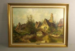 DIESTE, HERMANN (geb. 1931 in Westfalen), Gemälde / painting: "Stadt am Flusslauf", Öl auf Leinwand/