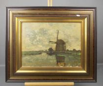 GEMÄLDE / painting: "Niederländische Landschaft mit Mühle und Gewässer", Öl auf Leinwand auf