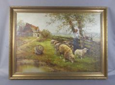 GEMÄLDE / painting: "Frühlingslandschaft mit Fachwerkgehöft, Teich, Schäferin und pflügendem Bauer",