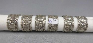 6 SERVIETTENRINGE "Hildesheimer Rose" / napkin rings, 835er Silber (insgesamt 110 g), durchbrochen
