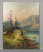 MONOGRAMMIST des 19. Jh. (AR oder AP), Gemälde / painting: "Gebirgssee mit Bootshaus und Hütte",