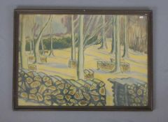 NAUR, ALBERT (1889-1973), Zeichnung / Ölkreide: "Waldstück mit Holzstapeln, u. mittig signiert "