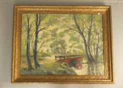 SEEMANN, RUDOLF (Frankfurt / Oder 1906-1977 Rheine), Gemälde / painting: "Flusslauf mit Brücke",