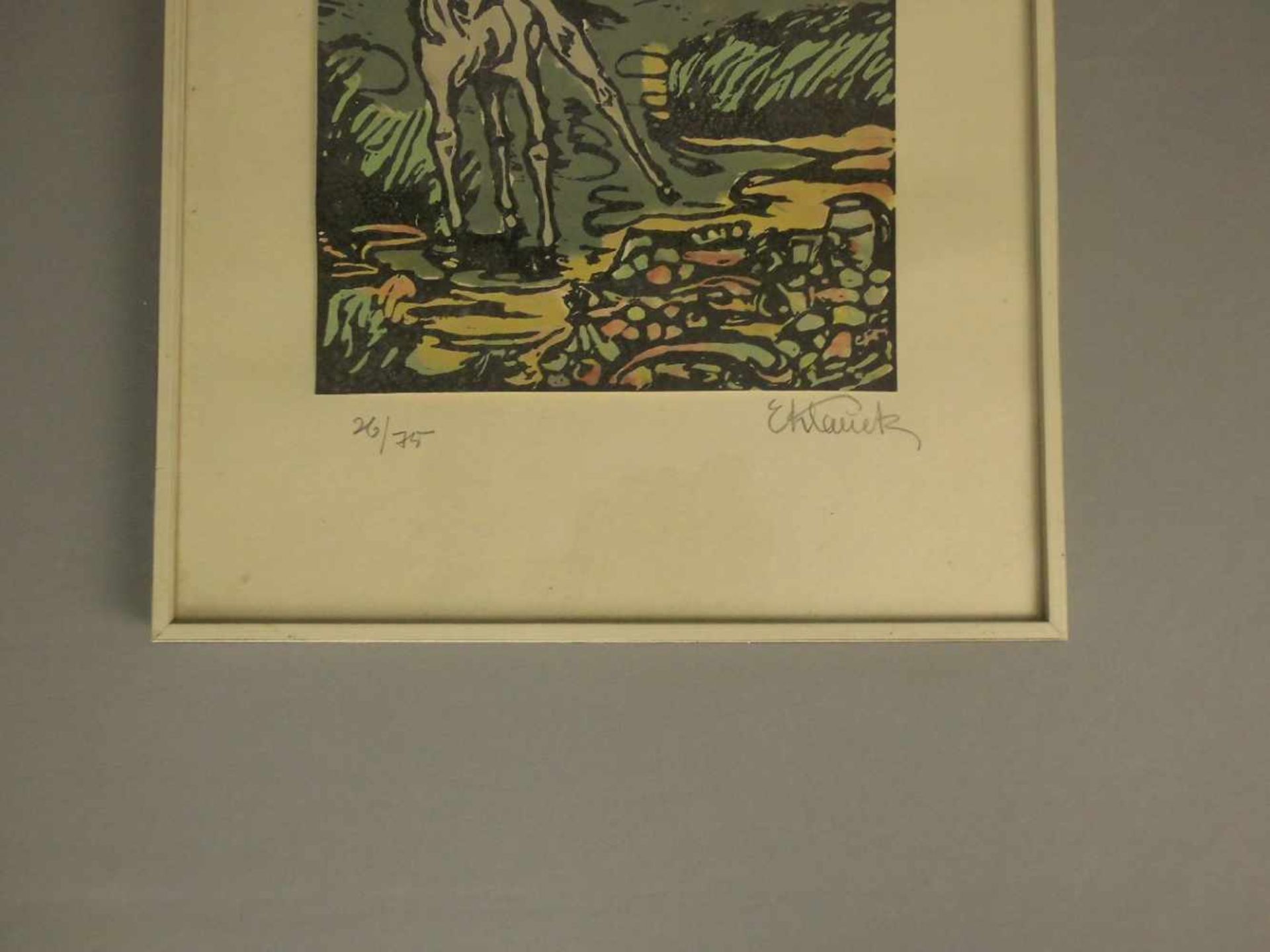 KLAUCK, ERIKA (Tries 1900-1970 Diepholz), handkolorierter Linolschnitt: "Fohlen in weiter - Image 2 of 3