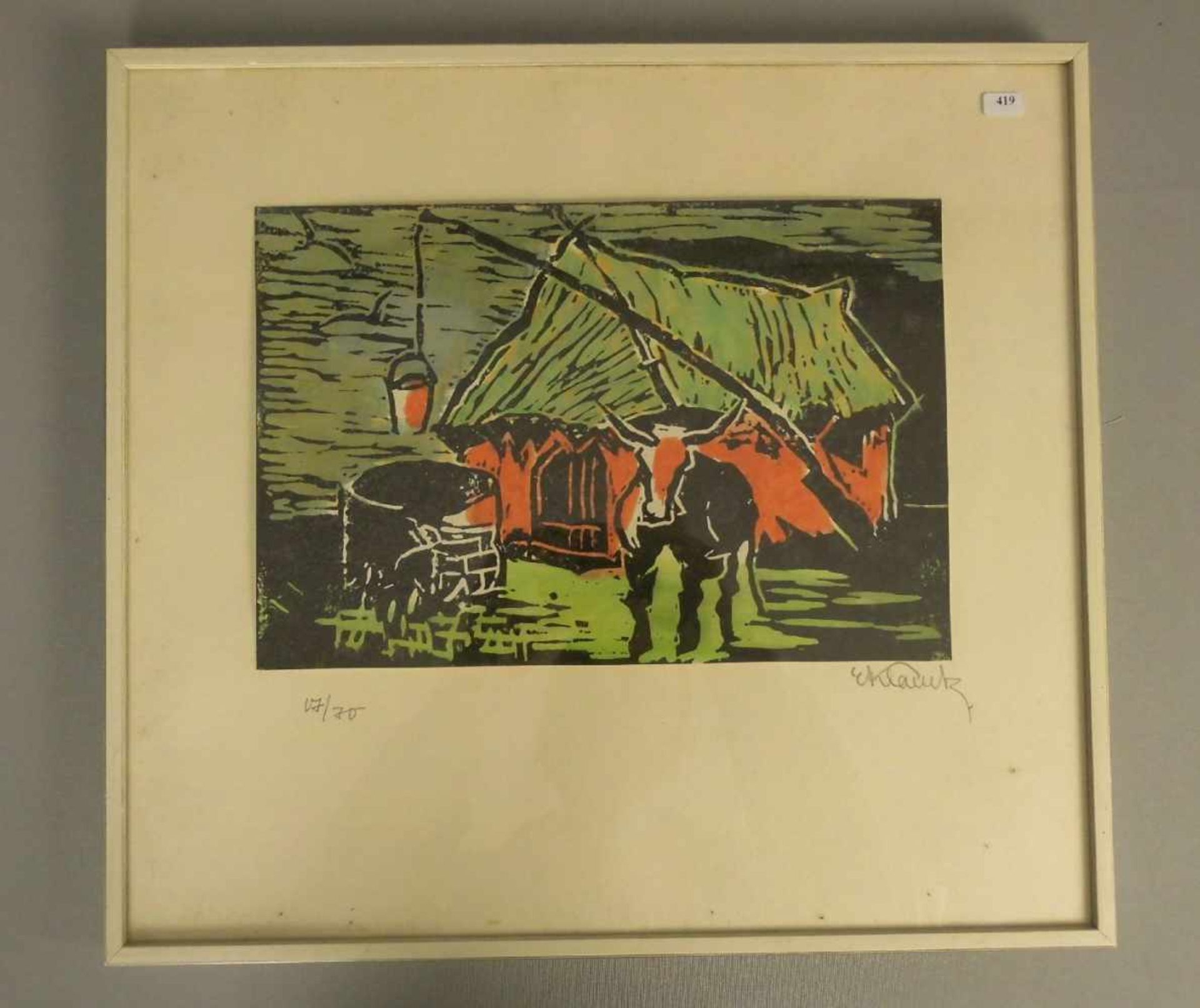 KLAUCK, ERIKA (Trier 1900-1970 Diepholz), handkolorierter Linolschnitt: "Bauernkate mit