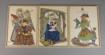 MONOGRAMMIST (CA, 20. Jh.): 3 kolorierte Zeichnungen: "Musizierende Engel", "Gottesmutter mit