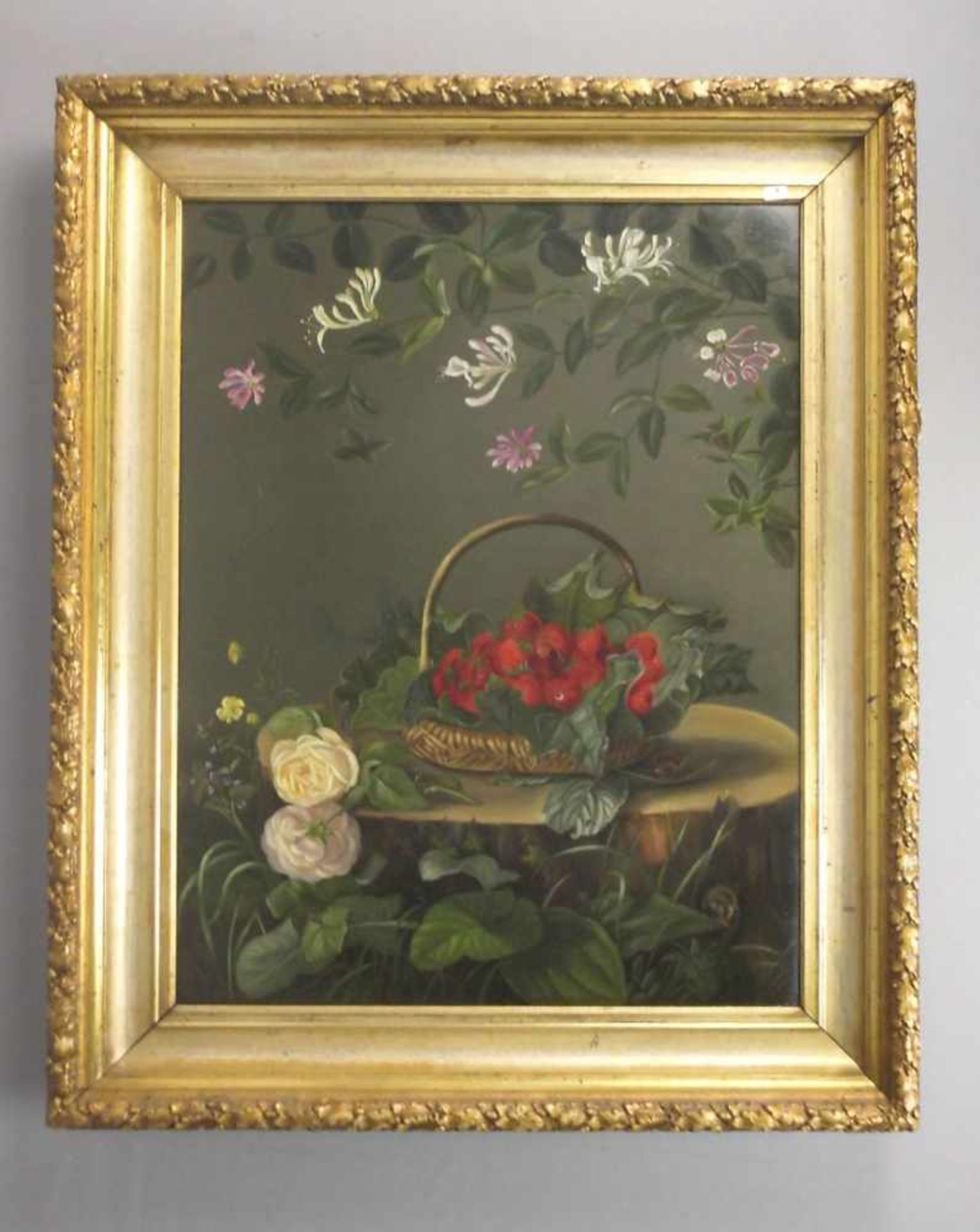 ANONYMUS (Maler des 19./20. Jh.), Gemälde / painting: "Stillleben mit Erdbeeren und Blüten", Öl