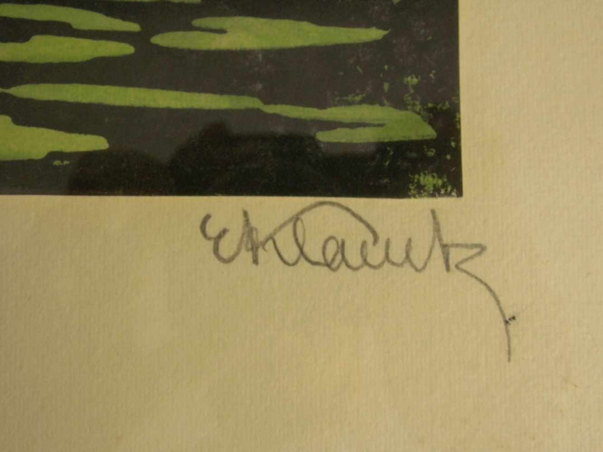 KLAUCK, ERIKA (Trier 1900-1970 Diepholz), handkolorierter Linolschnitt: "Bauernkate mit - Bild 2 aus 3