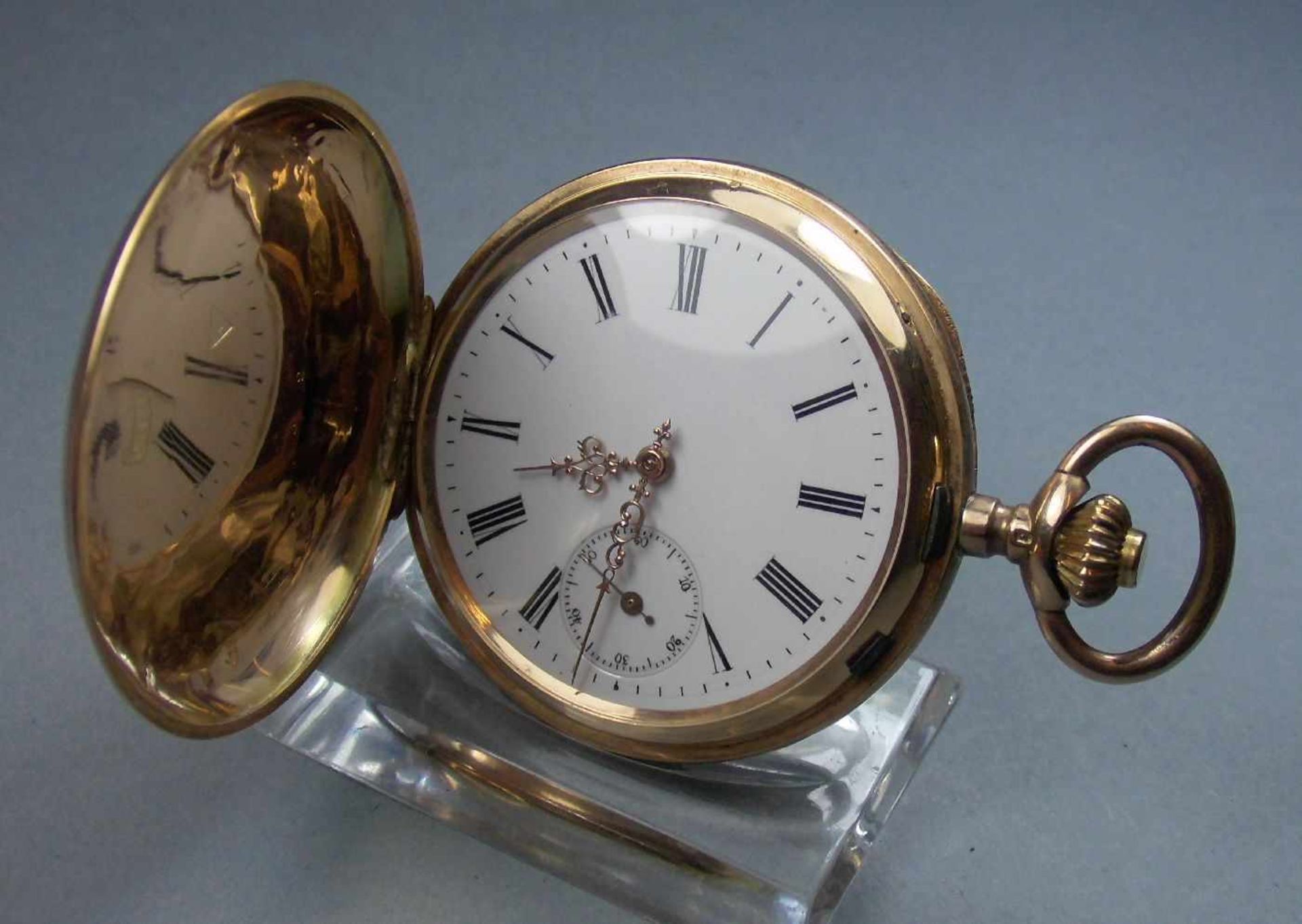 GOLDSAVONETTE TASCHENUHR / hunter case, um 1900, Schweiz, Schweizer Goldpunze (Eichhörnchen) und