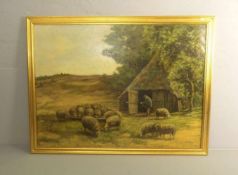 TEN BROEKE, HA. (19./20. Jh.), Gemälde / painting: "Schäfer mit seiner Herde vor Schafstall in