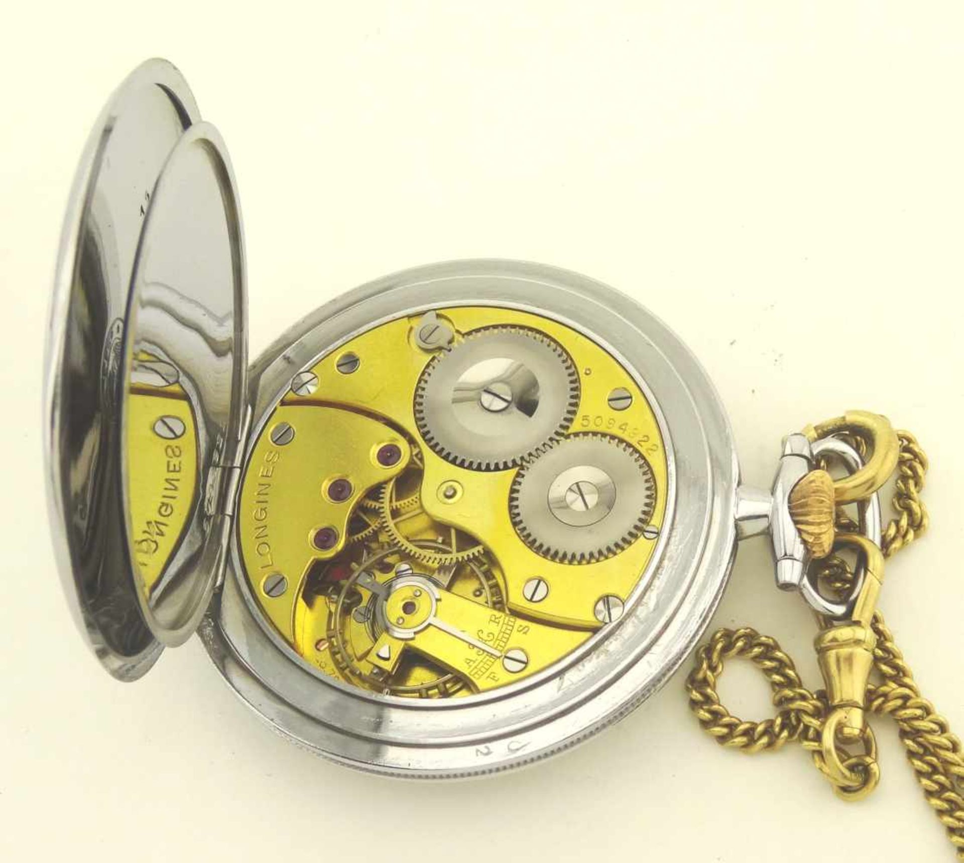 Herrentaschenuhr Longines in Neusilber Gehäuse mit Münzrand Durchmesser ca. 48mm, mit Uhrwerk kal. - Bild 3 aus 4