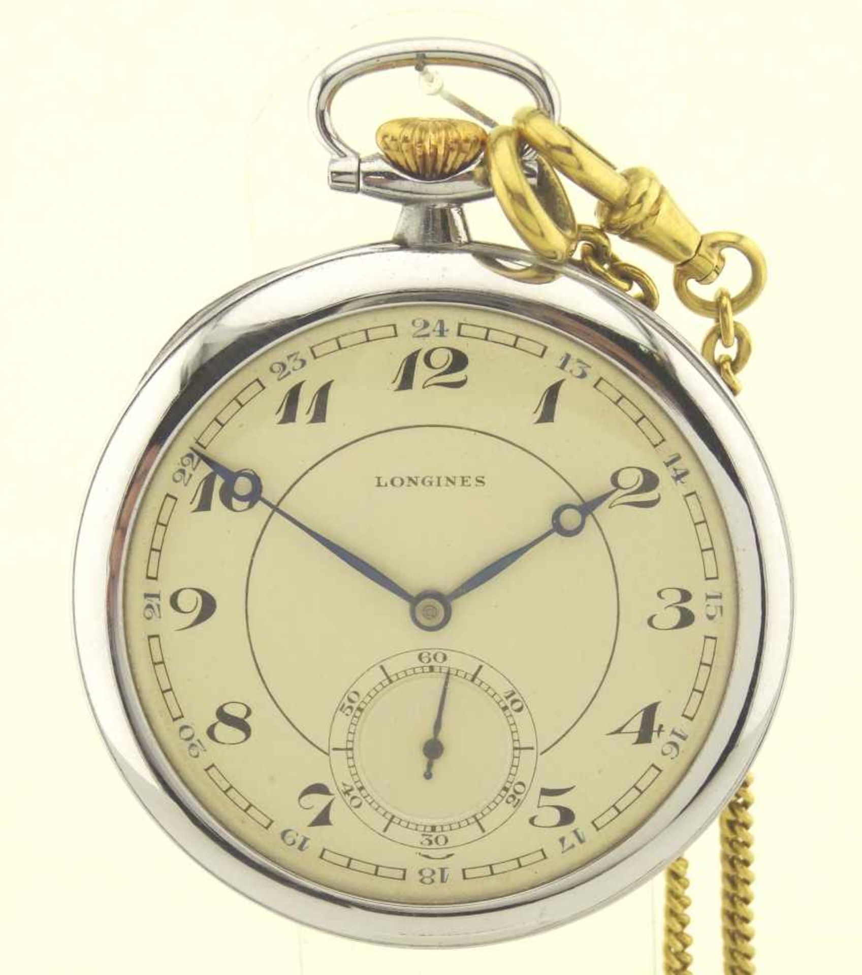 Herrentaschenuhr Longines in Neusilber Gehäuse mit Münzrand Durchmesser ca. 48mm, mit Uhrwerk kal.