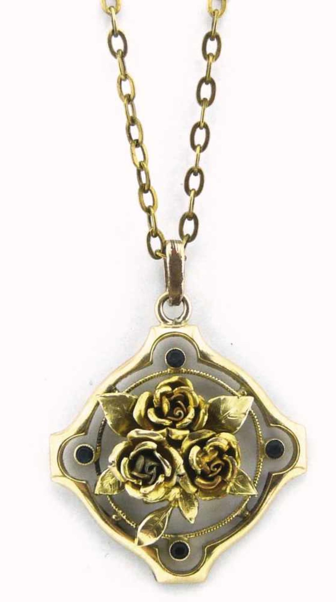 Jugendstil dbl. Anhänger mit Kette sehr schöner Jugendstilanhänger mit 3 Rosen Motiven und 4 Safiren - Bild 2 aus 4