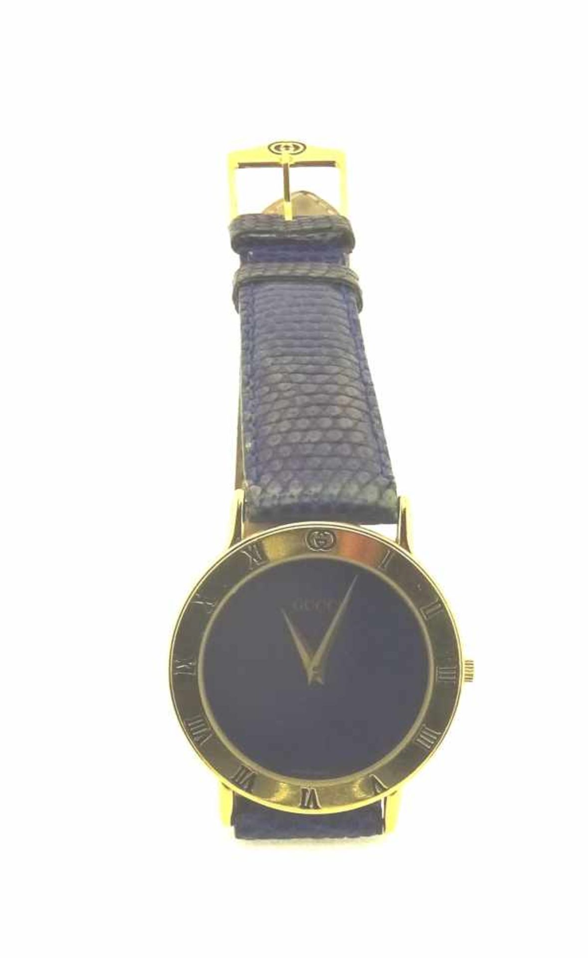 Gucci Herrenuhr Quarzuhr mit Lederband, Durchmesser 33mm, Modell 3000.2.M, läuft gut