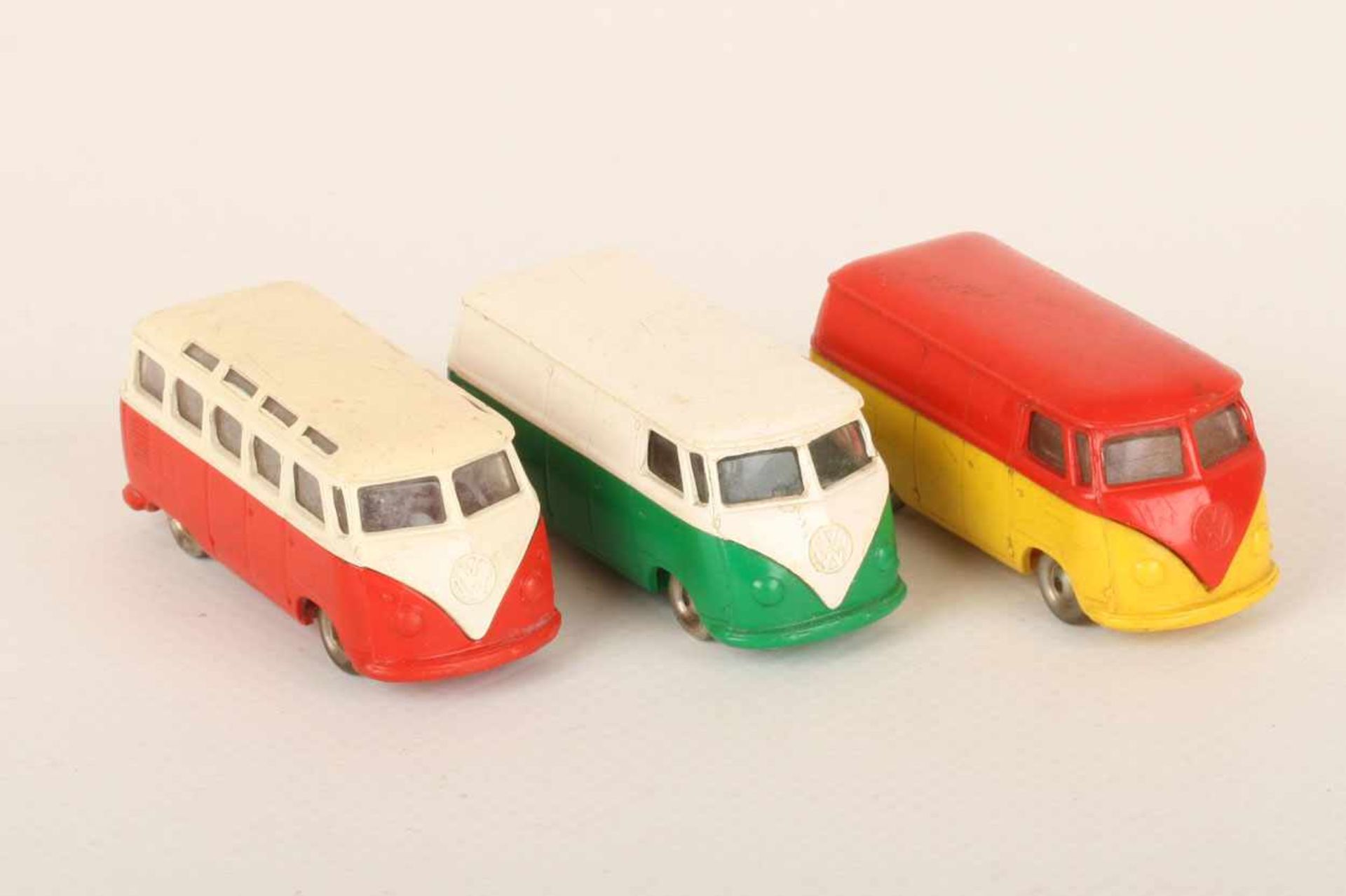 1Lego 3 VW Busse Kasten gelb/rot und weiß/grün, Samba weiß/rot, mit Spielspuren