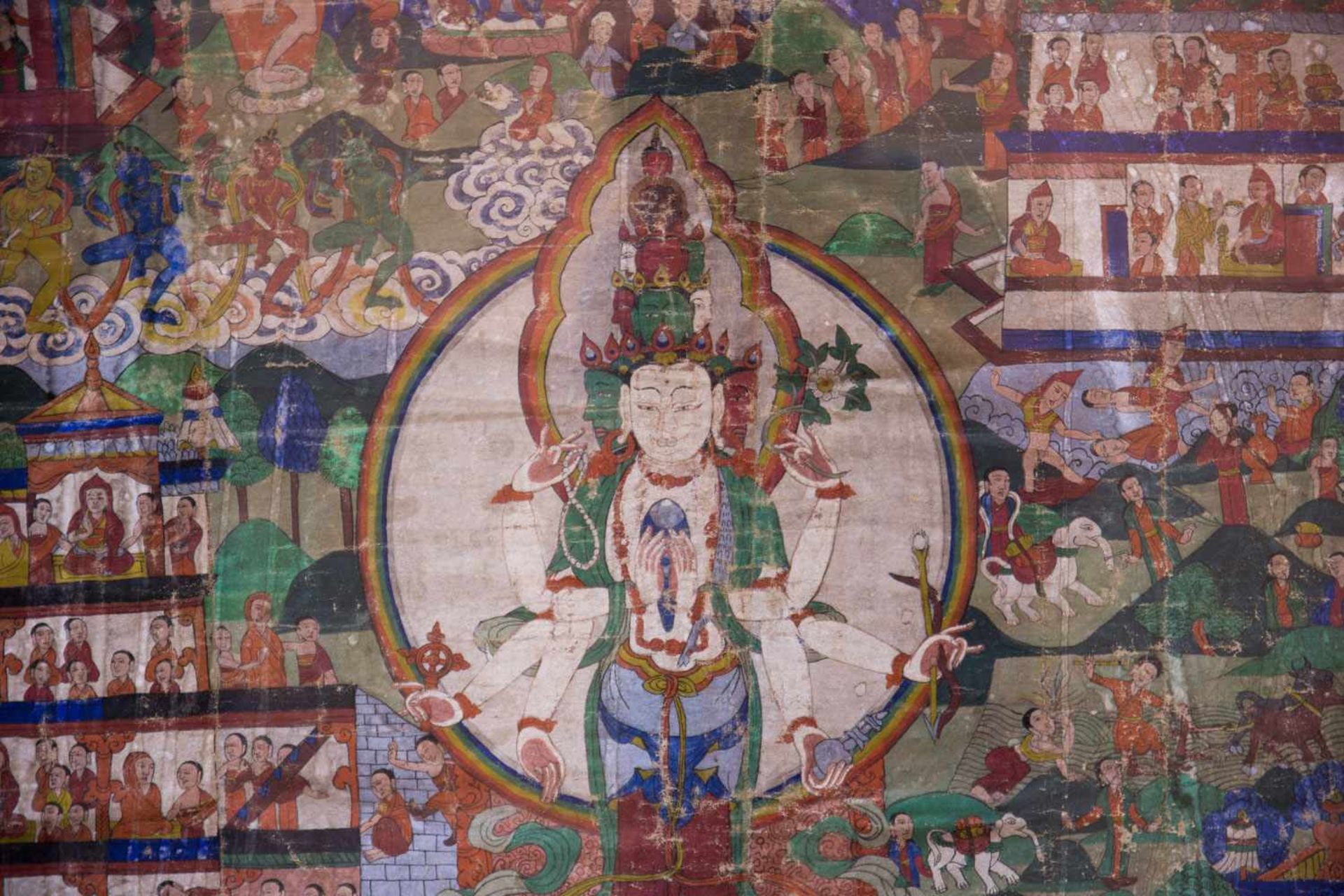 ANTIKER THANGKA, Seide auf Leinen, gerahmt, um 1800. 109 x 86 cm. Guter Erhaltungszustand - Image 2 of 3