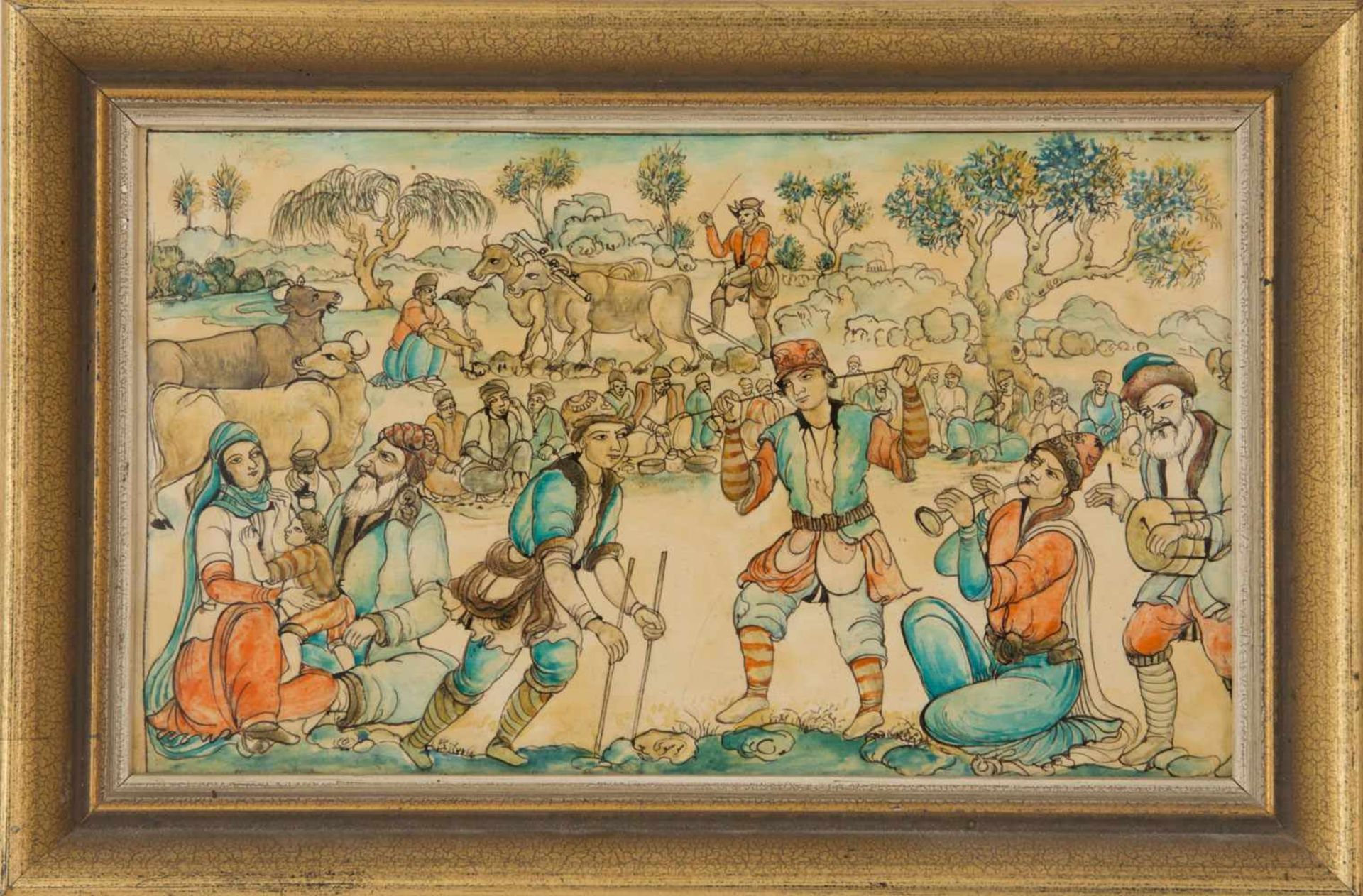 INDIAN MINIATURE PAINTING, decorated with Oriental scene, framed framed, 15 x 22 cm.