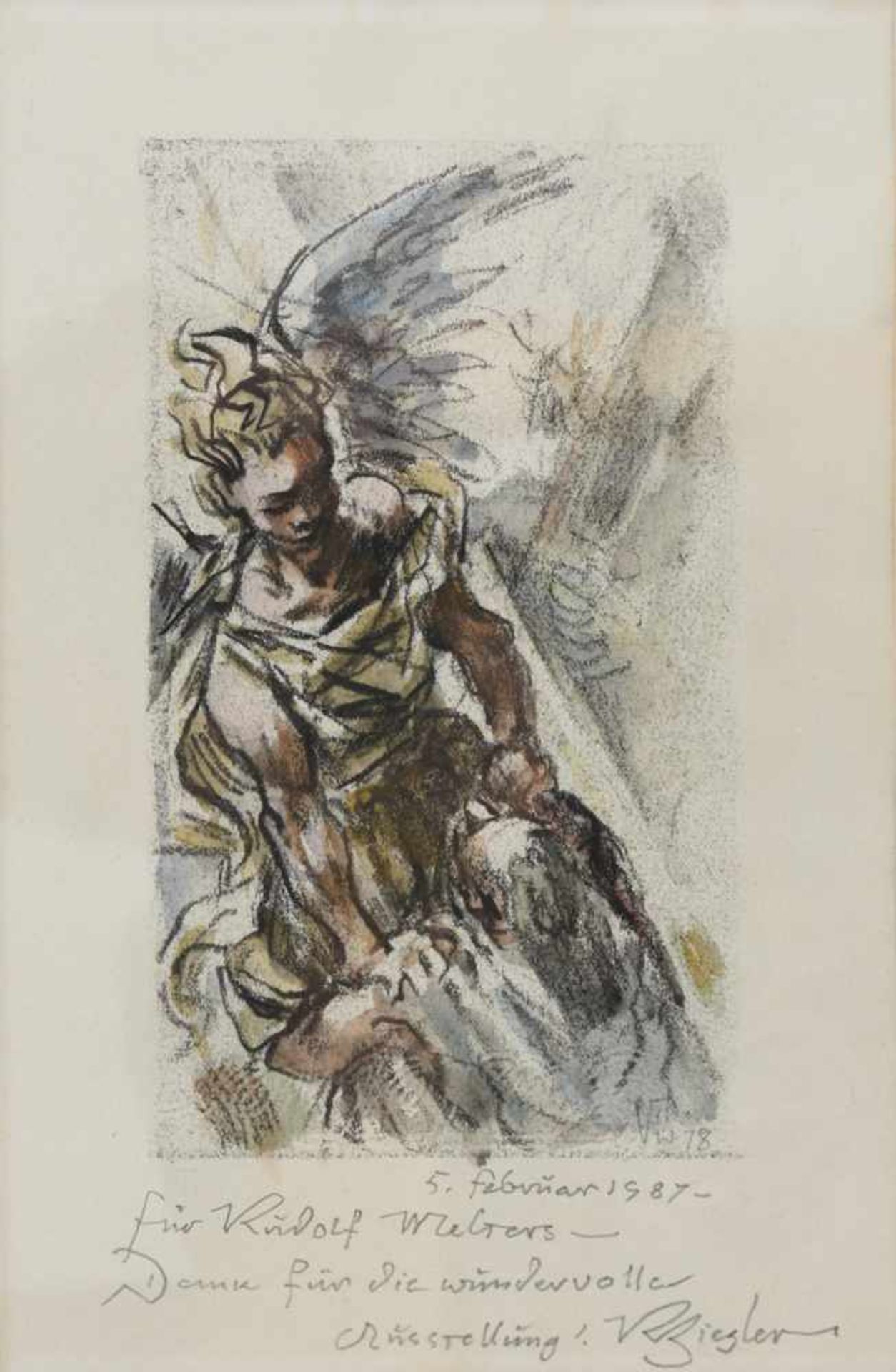 "Jakob ringt mit dem Engel", Kantstift und Aquarell, hinter Glas gerahmt, signiert und datiert - Bild 2 aus 4