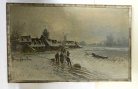 "Winter im Dorf", Öl auf Leinwand, gerahmt, signiert,frühes 20. Jahrhundert Ölgemälde mit