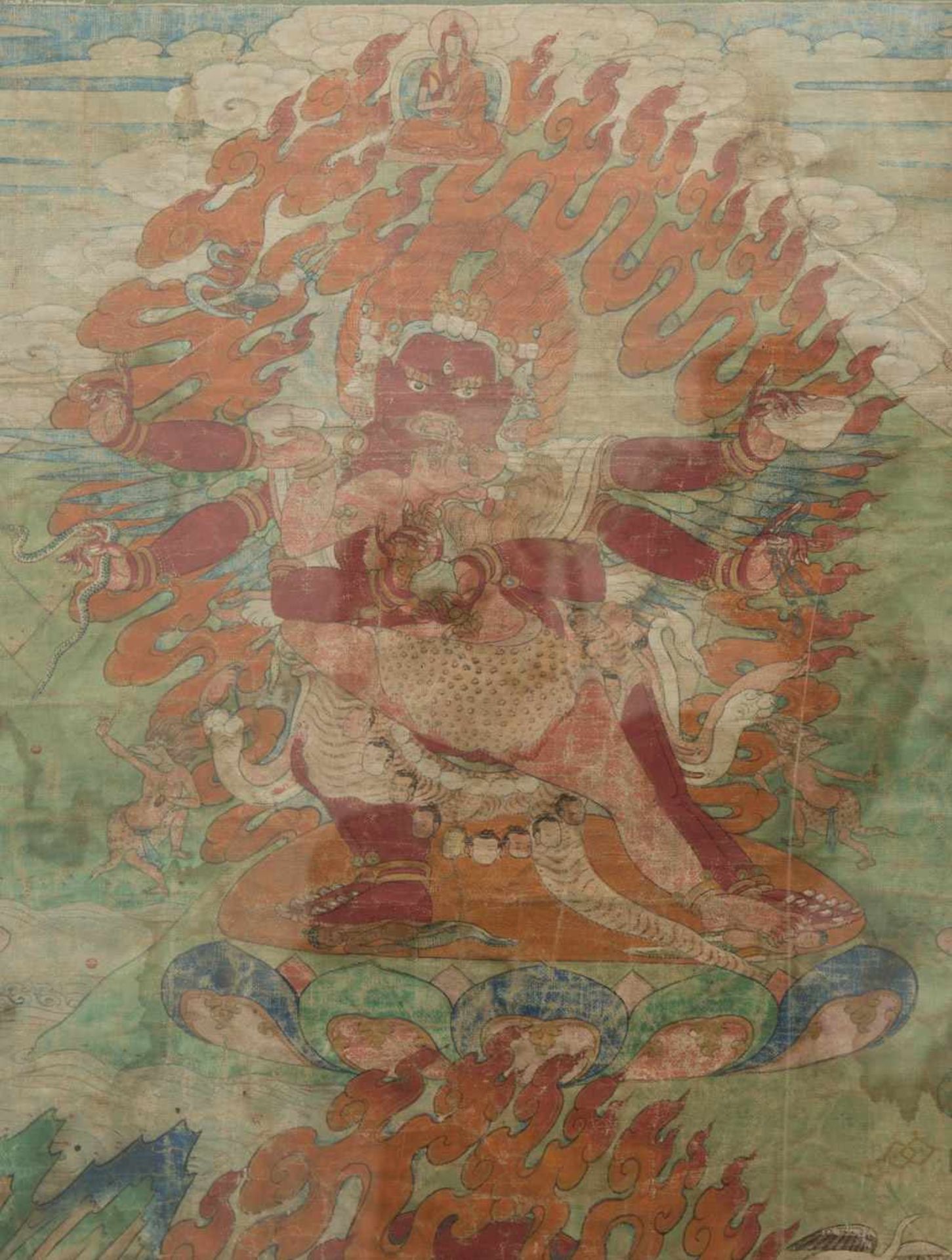 THANGKA MAHAKALA TANZT, Seide auf Leinen, Tibet, spätes 19. Jahrhundert. Antiker Thangka mit - Image 2 of 6
