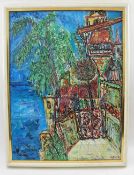 "Villa Claudia", Acryl auf Maltuch, gerahmt, signiert und datiert. In kräftgen Farben und modernem