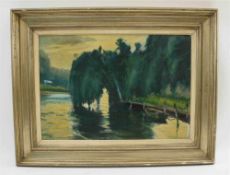 "Kahn auf dem Fluss", Öl auf Platte, gerahmt und signiert, 20. Jahrhundert. Impressionistische