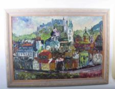 WOLFGANG JERG. Salzburg, Acryl auf Platte, gerahmt, signiert und datiert Expressionistisches