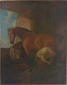 UNBEKANNTER KÜNSTLER. "Beim Hufschmied", Öl auf Leinwand, um 1890 Als Maler wird Conradijn