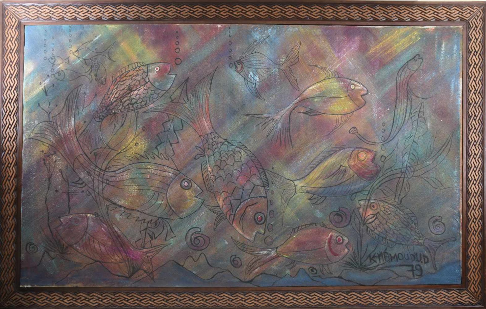 K.MAMOUDU. "Aquarium", Acryl/Mischtechnik auf Leinwand, gerahmt, signiert und datiert. Rechts
