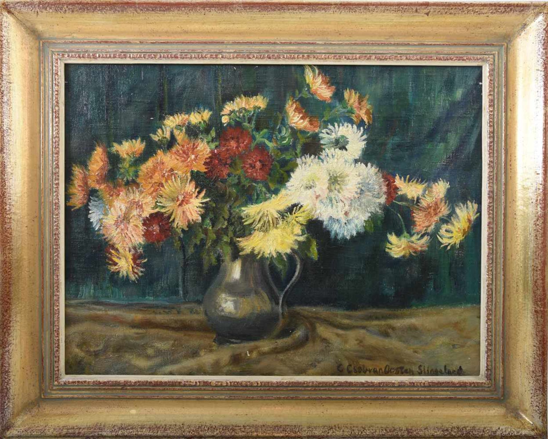 UNBEKANNTER KÜNSTLER. "Asternbouquet", Öl auf Leinwand, gerahmt, signiert, 20. Jh.