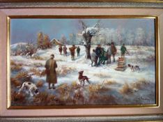 WILLY FRANKEN, "Winterlandschaft mit Jagdgesellschaft", Öl auf Leinwand, gerahmt und signiert, Mitte