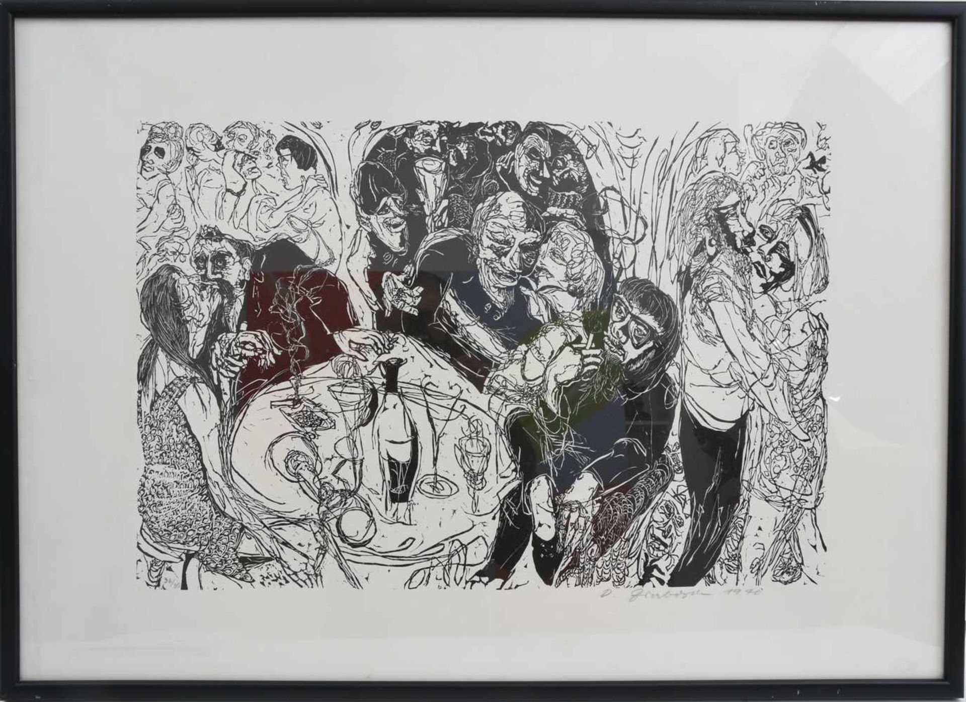 DORA GRABOSCH. "Die Party", Lithograpie, hinter Glas gerahmt, limitiert, signiert und datiert