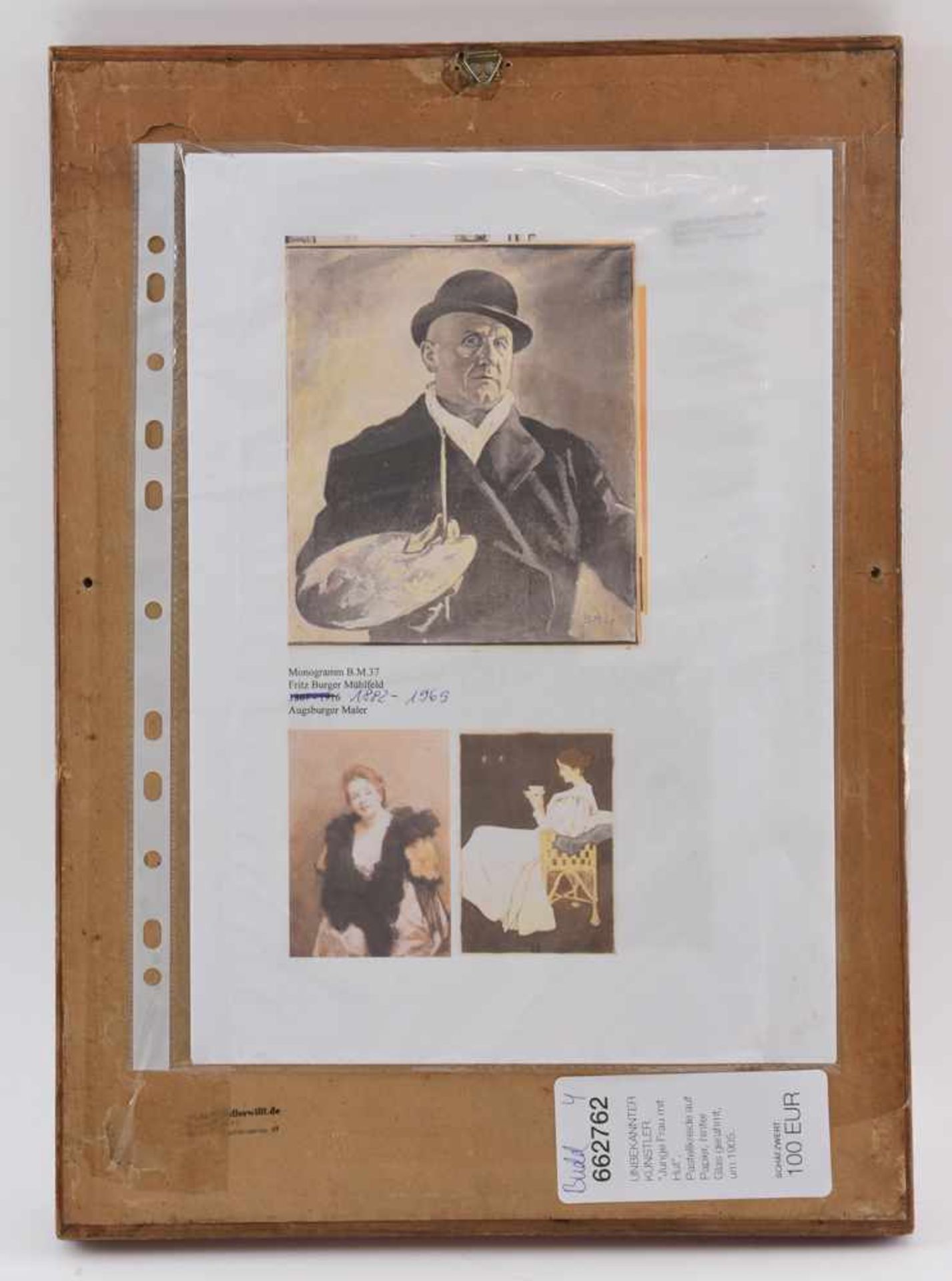 UNBEKANNTER KÜNSTLER. "Junge Frau mit Hut", Pastellkreide auf Papier, hinter Glas gerahmt, um 1905 - Bild 2 aus 2