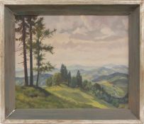 ERNST BRUGGEMANN (1886-1971). "Waldlandschaft mit Hügeln", Öl auf Hartfaserplatte, gerahmt und