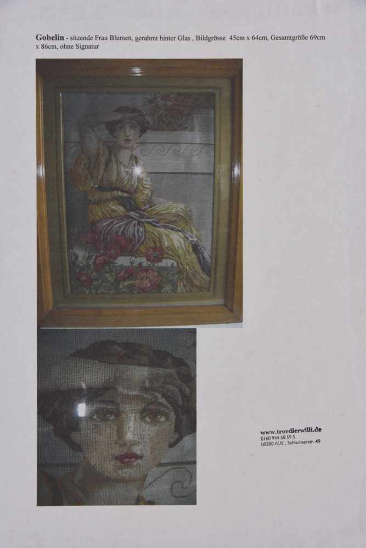 Wandbild "Die Schauende" in Jugendstil-Art, verschiedenfarbiges Leinen hinter Glas gerahmt, 20. - Bild 5 aus 5