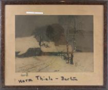HERMANN THIELE. "Verschneite Häuser", Radierung auf Papier, hinter Glas gerahmt und signiert Im