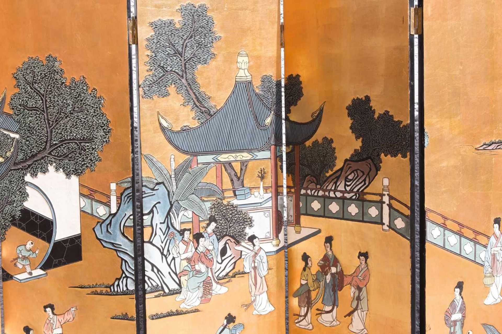 JAPANISCHER PARAVANT, bemaltes und lackiertes Holz mit BlattgoldJapan erste Hälfte 20. Jahrhundert - Bild 2 aus 3