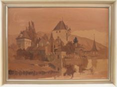 INTARSIENBILD, intarsierte Edelhölzer, gerahmt, Mitte 20. Jahrhundert Ansicht einer alten Wasserburg