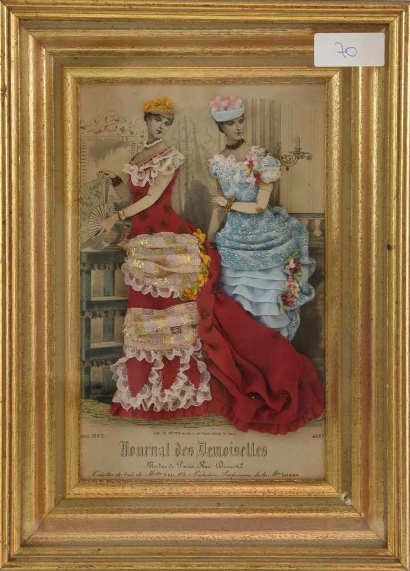 "JOURNAL DES DEMOISELLES, Janvier 1883", Papier/Stoff/Glasperlen,hinter Glas gerahmt, Ende 19.