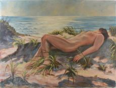 UNBEKANNTER KÜNSTLER. "Liegender Akt am Strand", Öl auf Leinwand, Ende 20. Jahrhundert Maße: 75 x