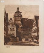 UNBEKANNTER KÜNSTLER, "Weißer Turm", kolorierte Radierung auf Papier, signiert, um 1900 Radierung