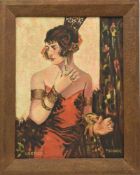 P.WANNER, "Dame in Rot", Öl/grobe Leinwand, gerahmt und signiert, um 1930 Rechts unten signiert "P.