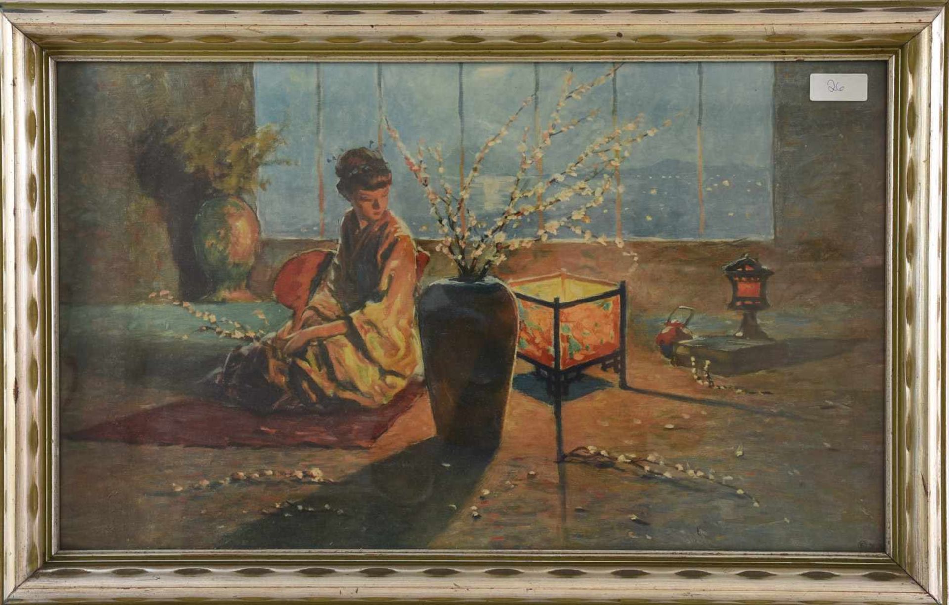 "JAPANERIN MIT KIRSCHBLÜTEN", polychromer Druck hinter Glas gerahmt, um 1920 Maße mit Rahmen: 44 x64