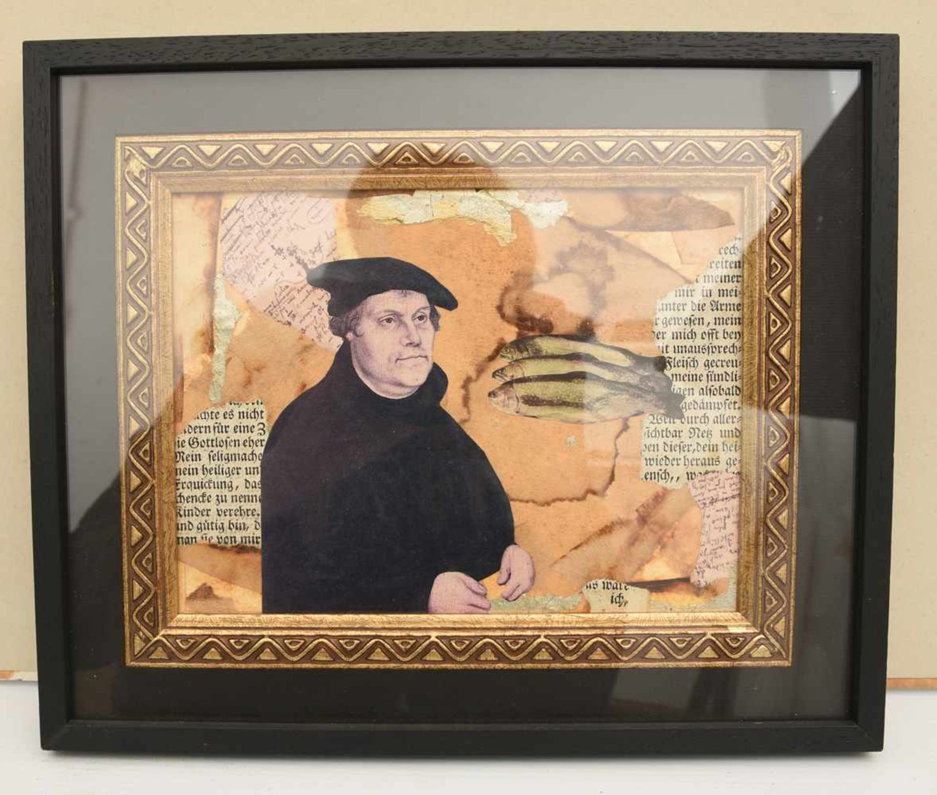 OLGA SOKOLOFF," Hommage Martin Luther", polychrome Collage hinter Glas gerahmt, 2013 Olga