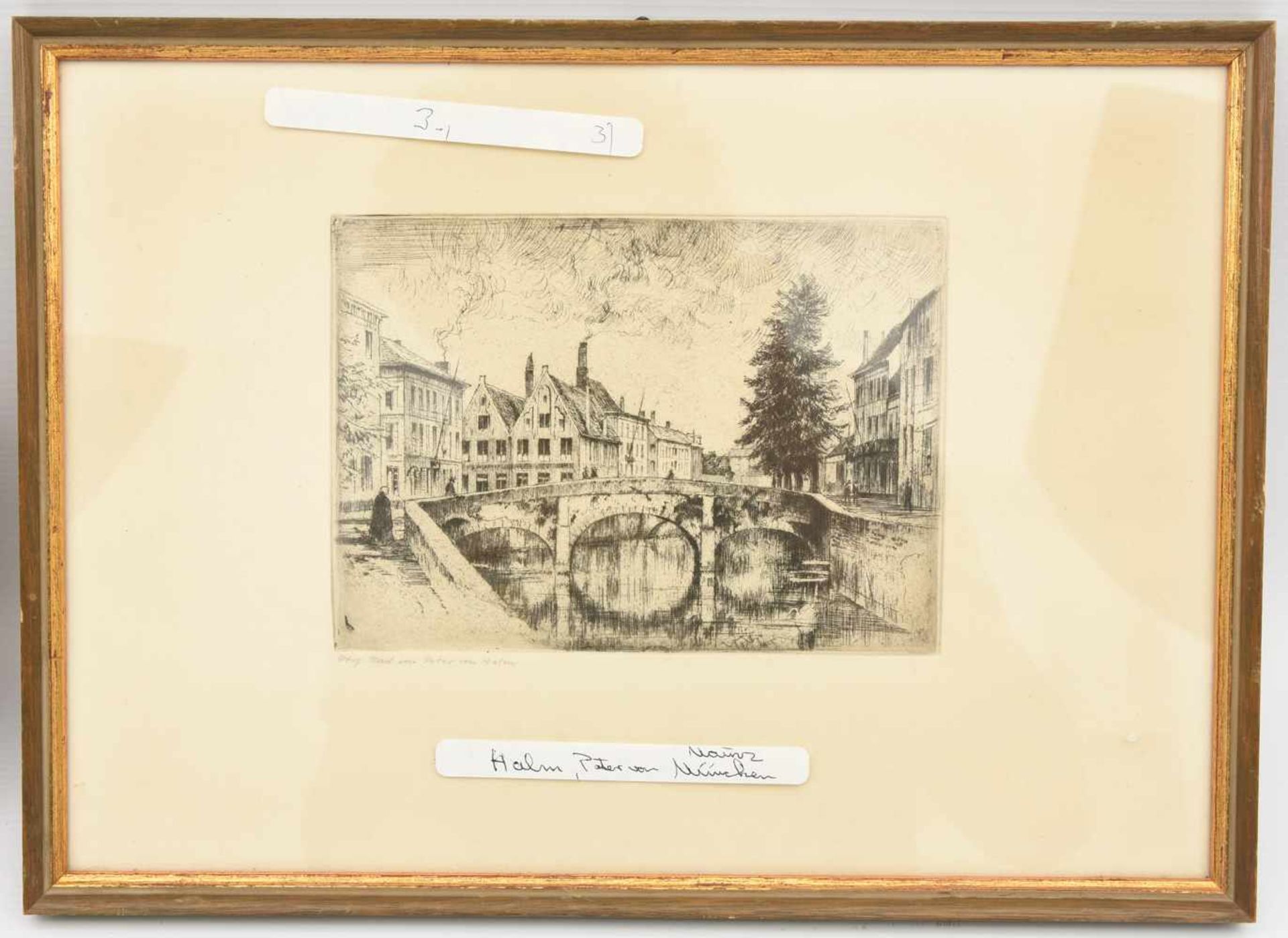 PETER VON HALM,"Brücke in der Altdstadt", monochrome Radierung auf Papier , hinter Glas gerahmt