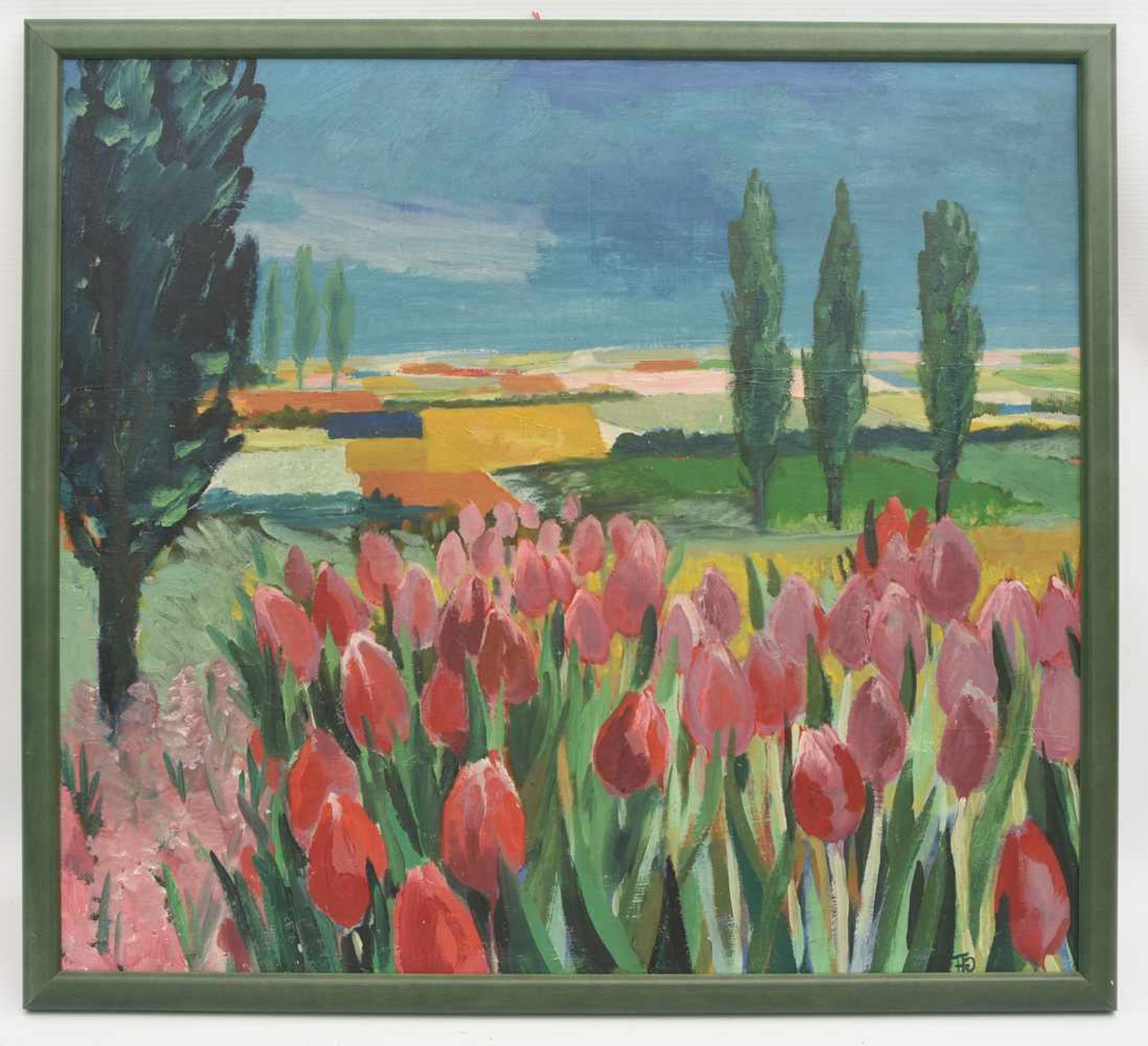 FRITZ RÜBBERT;"Blick in Landschaft mit Tulpenwiese", Öl auf Pressspan, gerahmt und monogrammiert