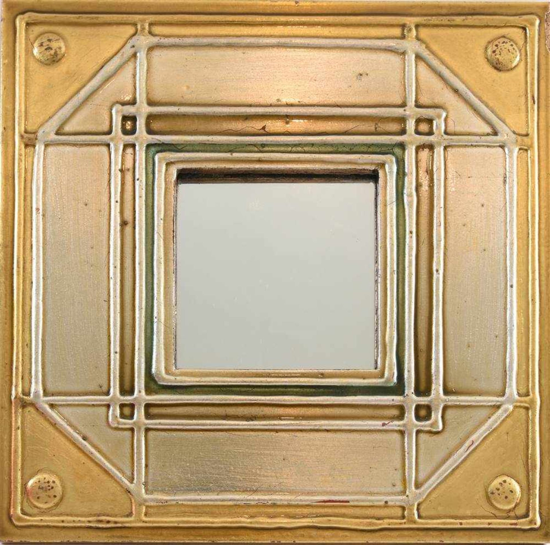 SPIEGELRAHMEN, Lack/Pressspan/Glas, um 1970 Quadratischer gold-und silberfarben gestalteter