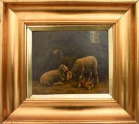 ERNST BECK, "Im Stall", Öl auf Holz, gerahmt, signiert und datiert Schafe und Henne in einem mit