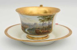 MEISSEN PORZELLAN TASSE "BASTEI", mit Untertasse, handbemalt und goldstaffiert,gemarkt, um 1830